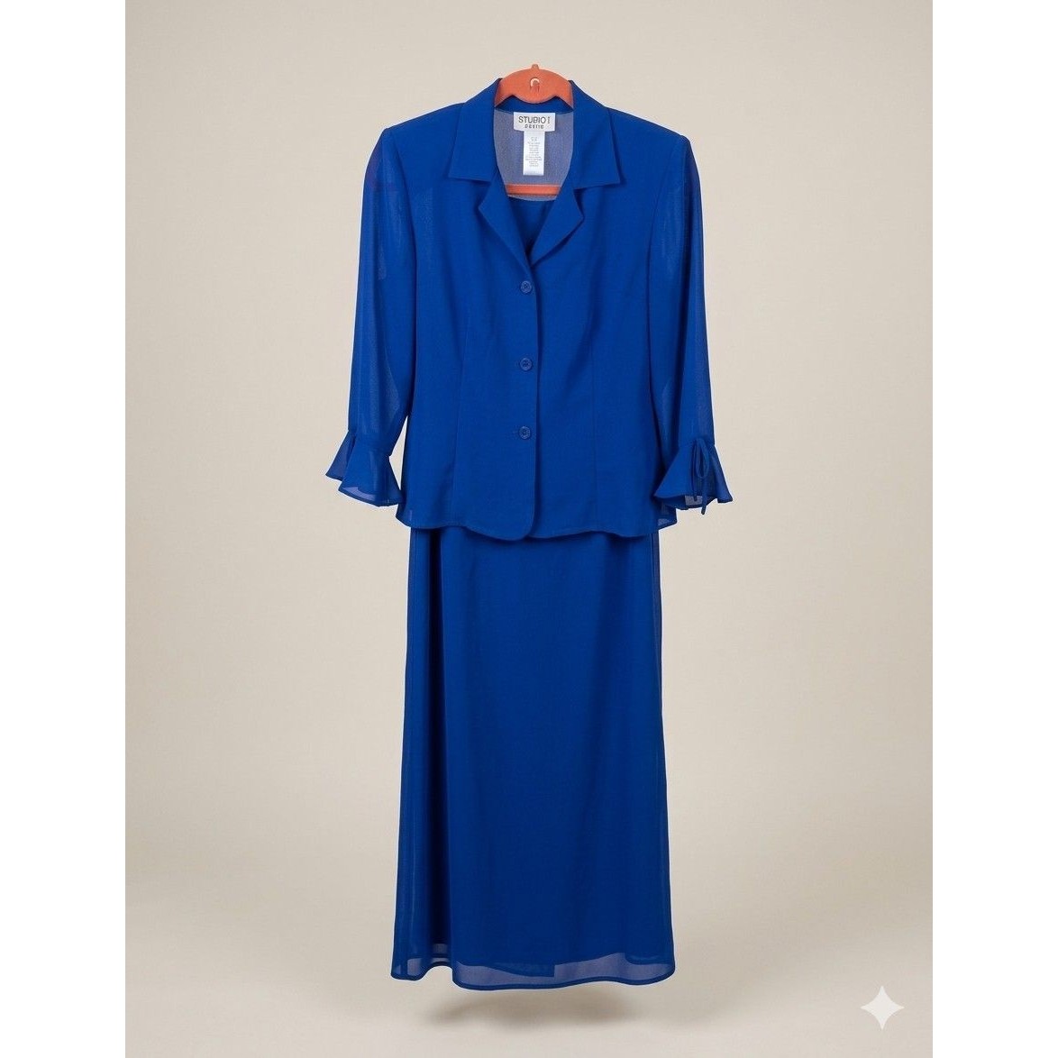 Studio I Petite Blue Two-Piece Sheath Dress With A Matching Ruffled Chiffon Jack